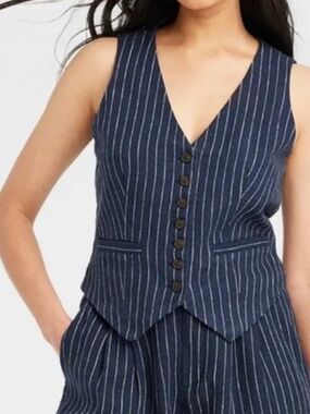 A New Day Navy Pinstripe Vest Size S Button Front Linen Blend Tailored Waistcoat